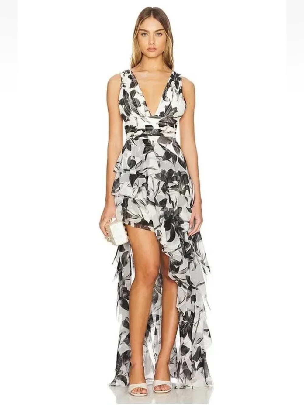 Alice + Olivia Stargazer Black Off White Holly Ruffle Maxi Dress Sz 6 $795